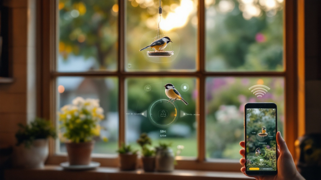 Camera-equipped bird feeder photographing a chickadee while a nearby smartphone displays a bird identification result.