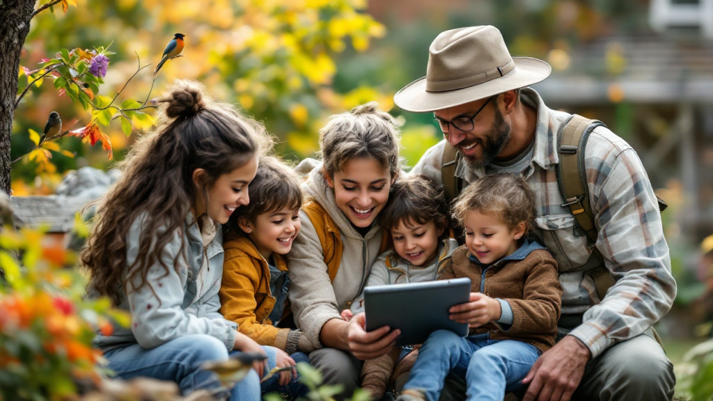 Family members, a student, and a birder review collected bird sightings on a tablet beside a wildlife-friendly backyard feeder.