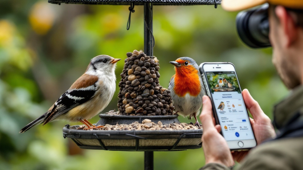 Birder using binoculars beside a smartphone that compares a photographed bird with possible species and shows an uncertain confidence score.