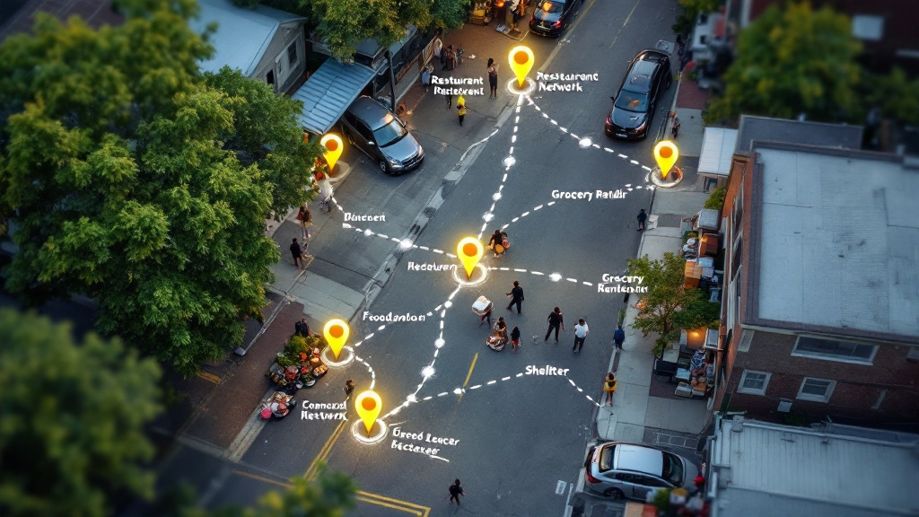 Restaurants, retailers, volunteers, and community organizations connected across a neighborhood while completing food rescue handoffs.