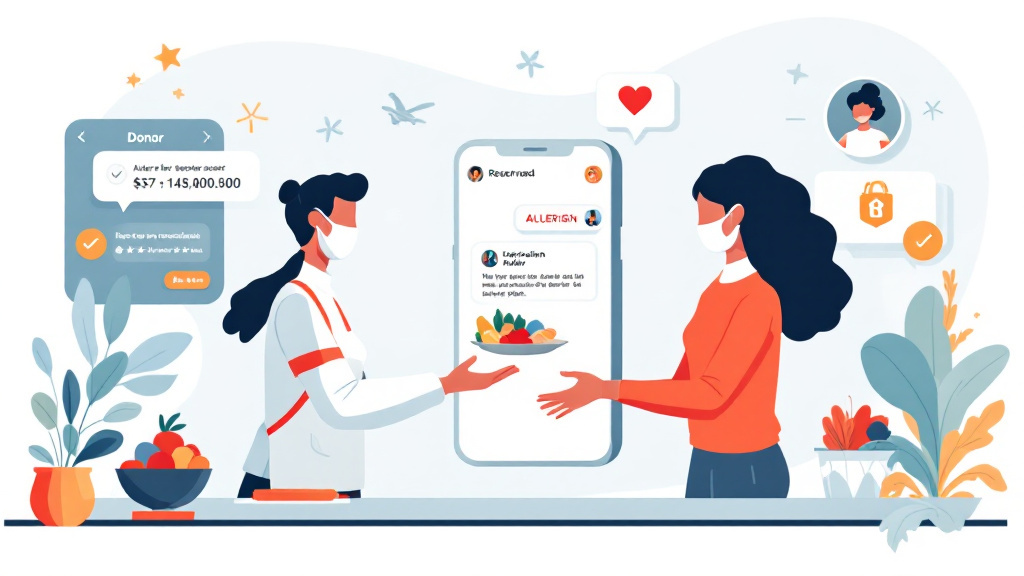 Restaurant and nonprofit workers coordinating a verified food donation on mobile devices with pickup and allergen information.