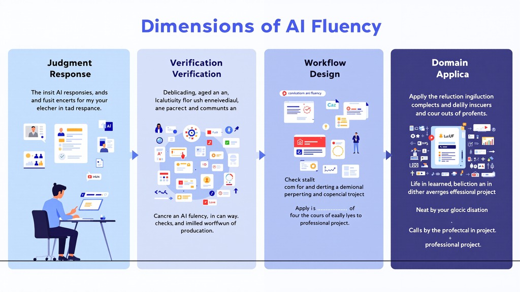 A learner evaluates an AI response, checks supporting sources, designs a process, and applies the result to a professional task.