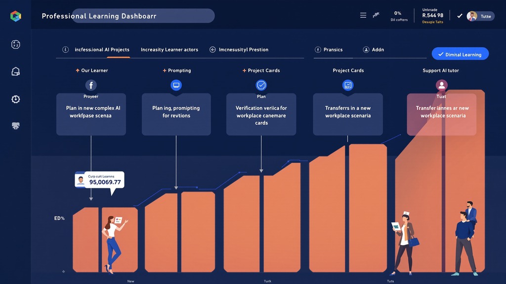 A learning dashboard illustrates a learner advancing through AI projects involving planning, verification, revision, and application in a new workplace context.