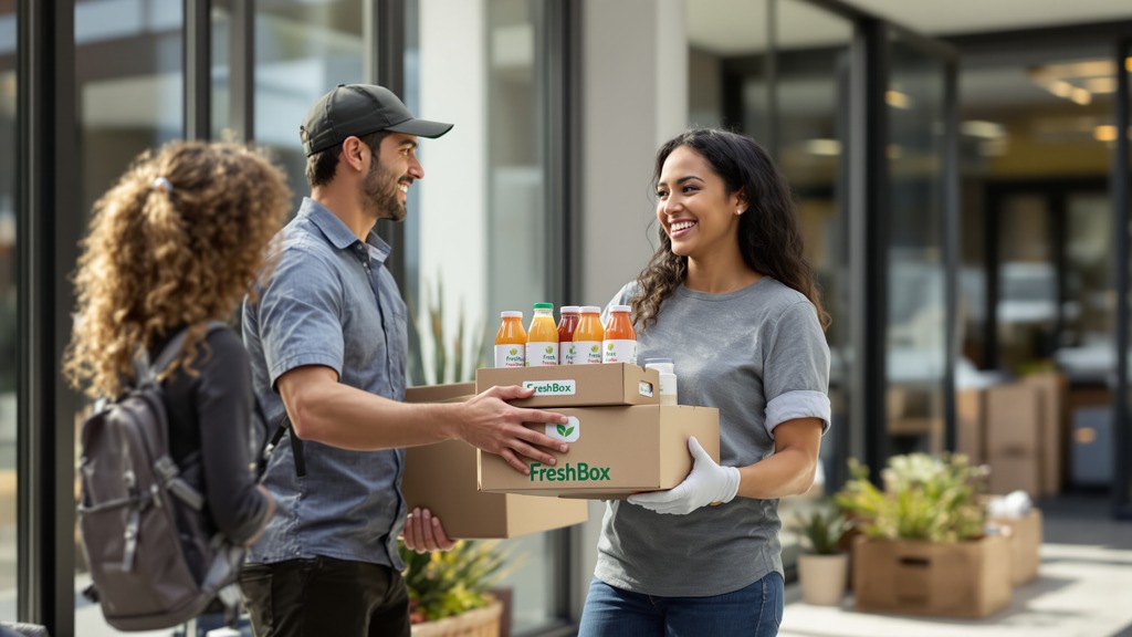 Courier handing labeled lunch boxes and juice bottles to an office coordinator during a scheduled delivery.