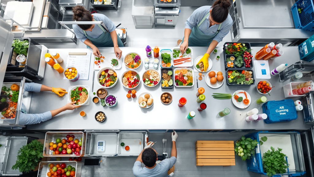 Kitchen staff assembling fresh bowls and drinks in organized batches beside labeled delivery containers.