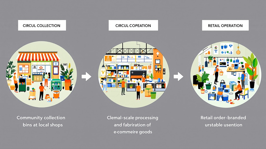 A visual sequence links local plastic collection, material processing, and the sale of reusable goods to households and businesses.