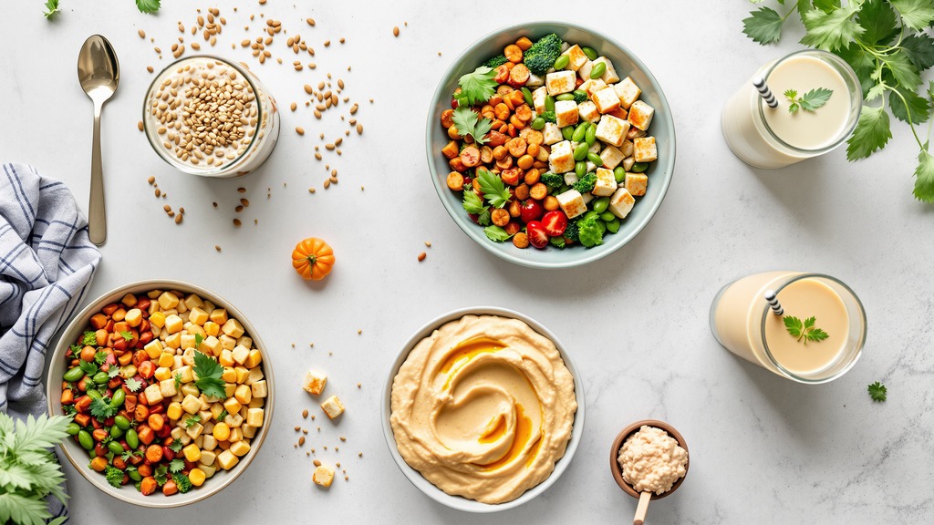 Plant-based protein foods arranged as breakfast, lunch, dinner, and snack options, including oats, lentils, tofu, edamame, hummus, and a shake.