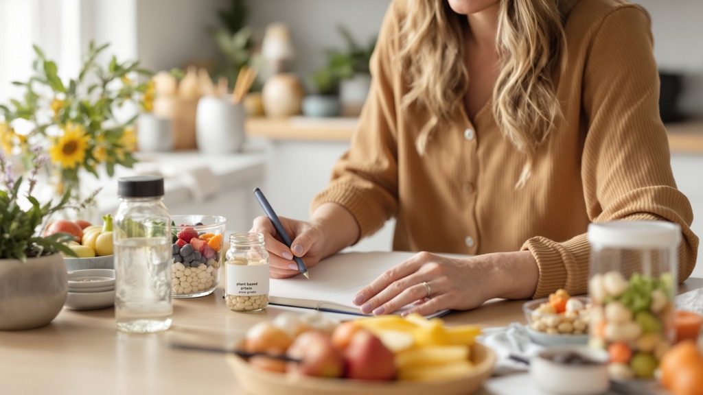 Woman organizing a weekly plant-based nutrition routine with a grocery list, protein powder, water bottle, and prepared snacks.