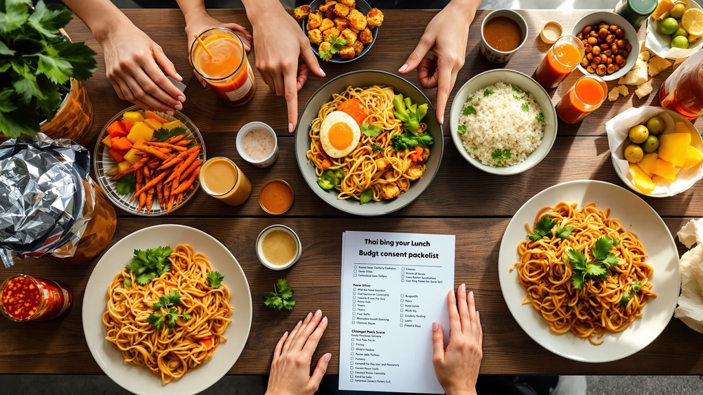 Organized Thai catering dishes, sauces, snacks, and drinks are arranged with a package checklist for an office lunch.