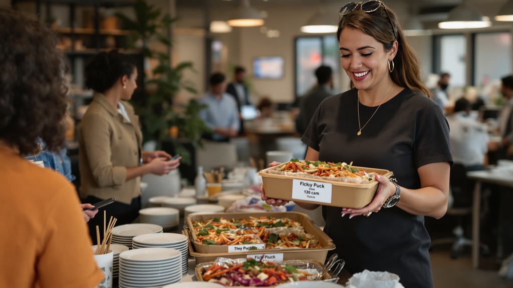 An office coordinator checks a phone while receiving labeled Thai catering trays as coworkers prepare a serving table.
