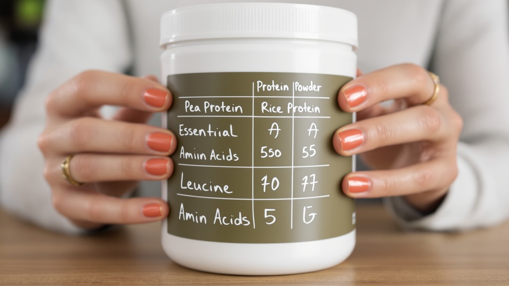 A mature woman reviewing amino acid and plant protein source information on a supplement label at a kitchen table.