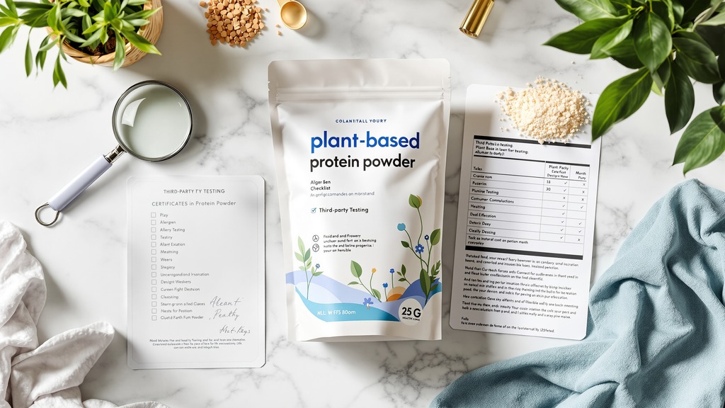 Plant-based protein powder label displayed with an allergen checklist and third-party testing document.