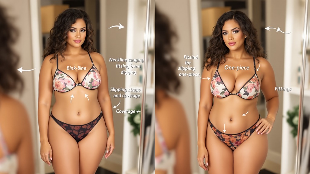 Curvy shopper checking swimsuit fit in a mirror while assessing straps, bust coverage, waistband tension, and torso length.
