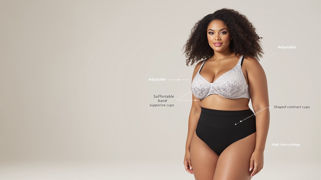 Curvy model wearing a supportive swimsuit with visible structured straps, a firm band, shaped cups, and high-waisted coverage.