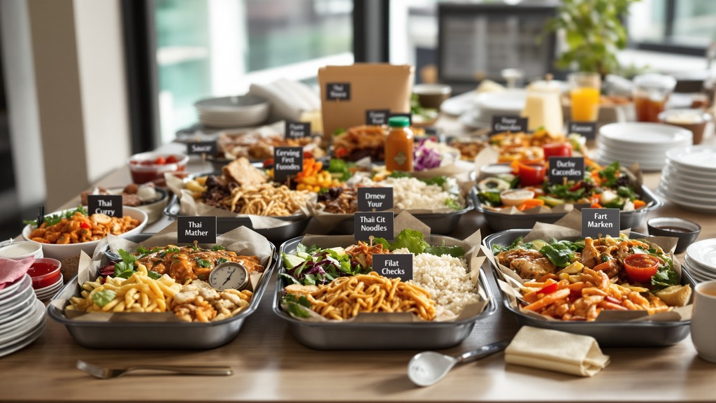 Organized Thai catering buffet with labeled trays, serving utensils, condiments, plates, and napkins in an office setting.