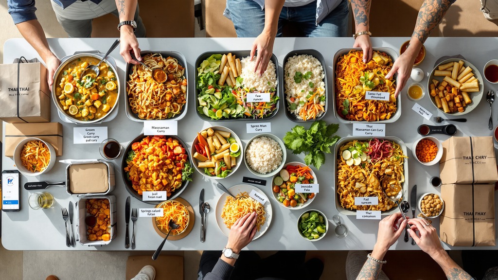 Thai catering trays with curries, noodles, rice, salad, and snacks arranged for a group meal.