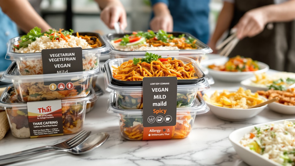 Labeled Thai catering containers identifying vegetarian, vegan, mild, and spicy meal options.