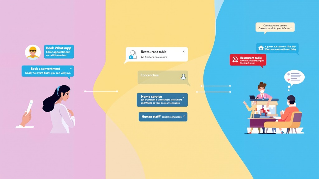 Illustration of WhatsApp inquiries progressing to appointment, reservation, and service bookings with human support