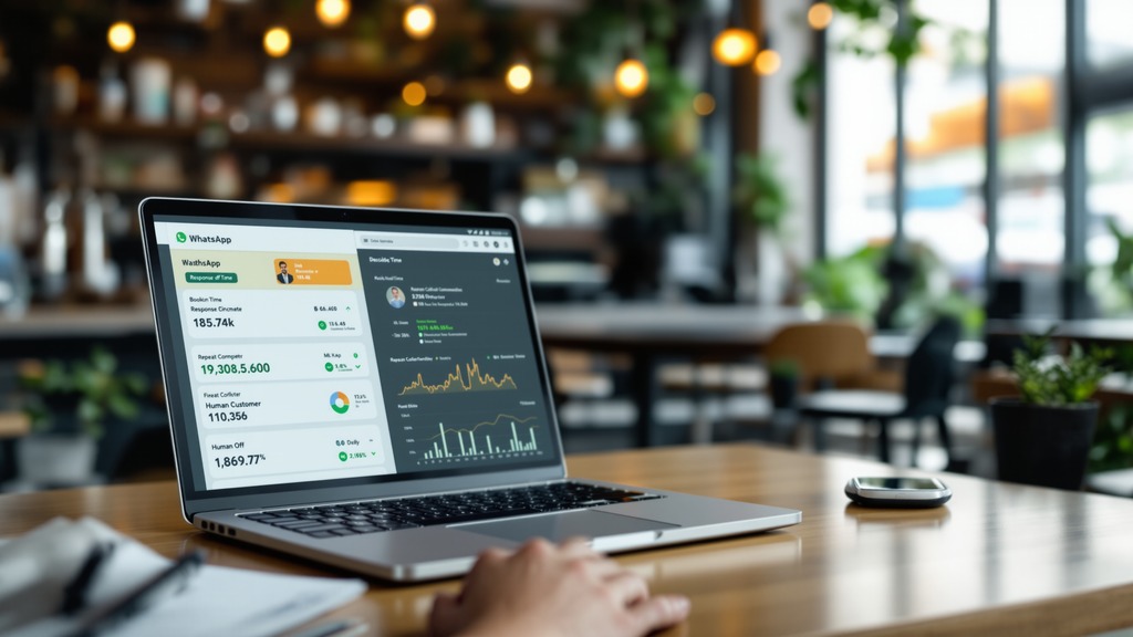 Local business owner reviewing customer response and booking performance metrics on a laptop and smartphone