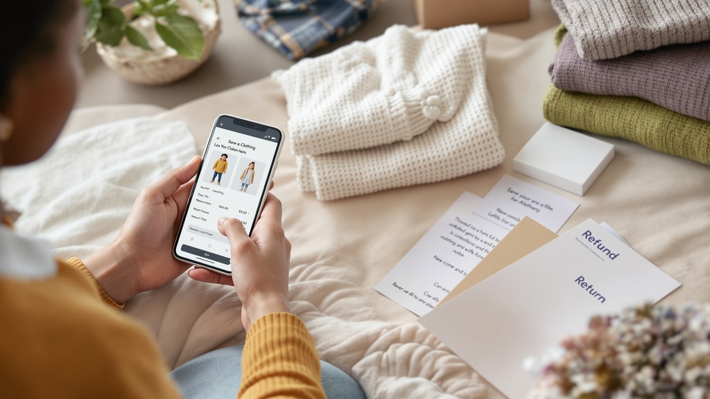 Caregiver reviewing a children’s clothing order and saved measurements while a child wears a well-fitting outfit.
