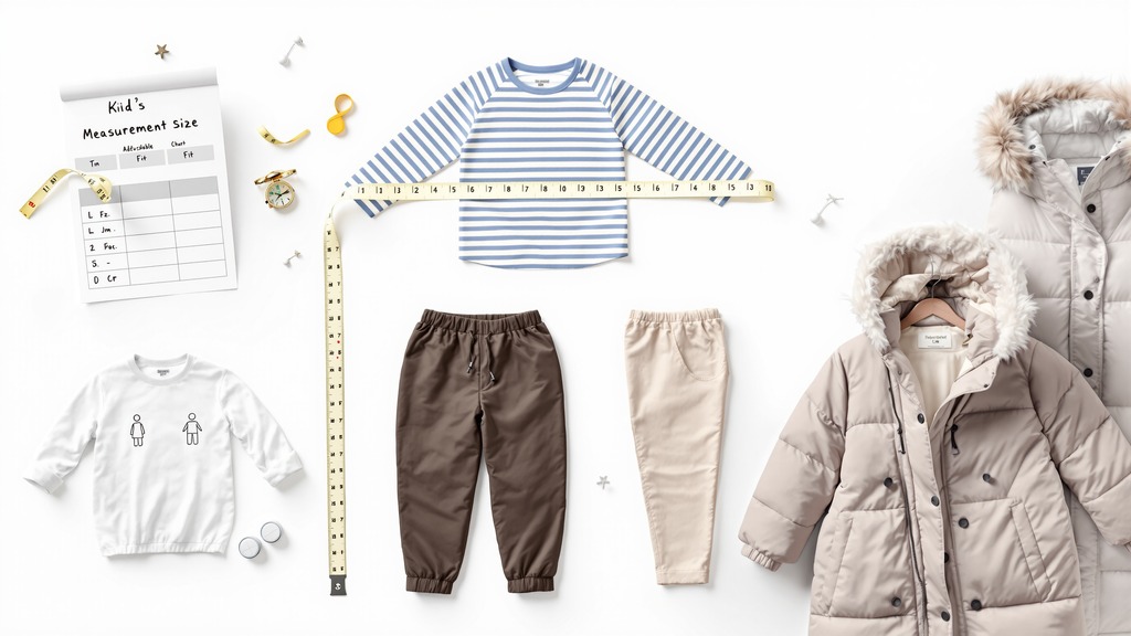 Children’s clothing measurement tools and garment examples arranged beside fit guidance materials.