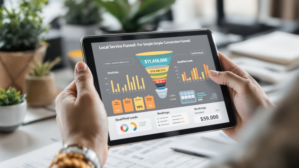 Business owner studying a tablet with a visual funnel representing inquiries, leads, bookings, and revenue.