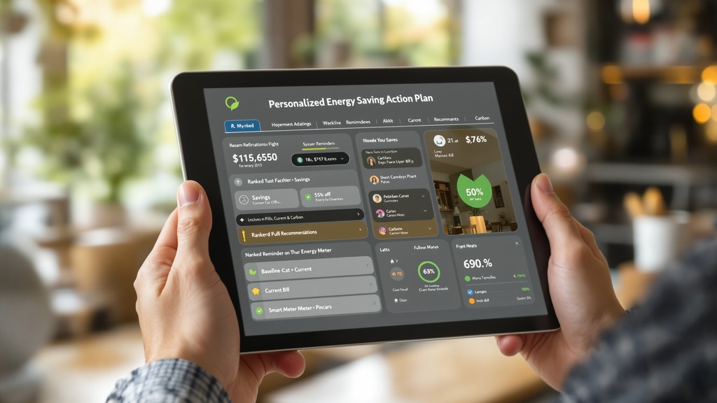 Tablet displaying a prioritized energy-saving plan with estimated savings, reminders, carbon impact, and progress against a baseline.