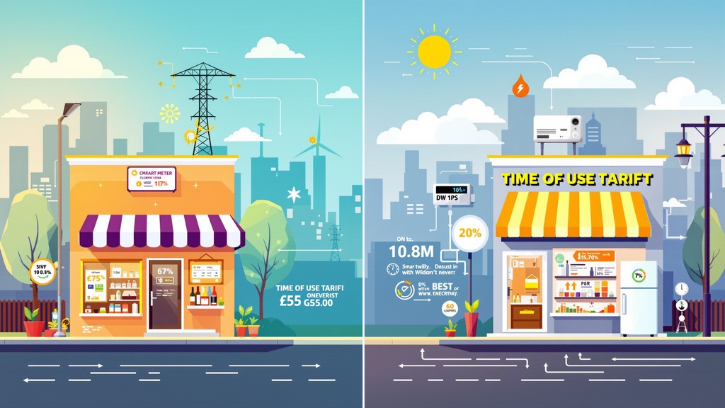 Two small businesses comparing energy costs while tariff periods, weather, opening hours, and equipment schedules are analyzed.