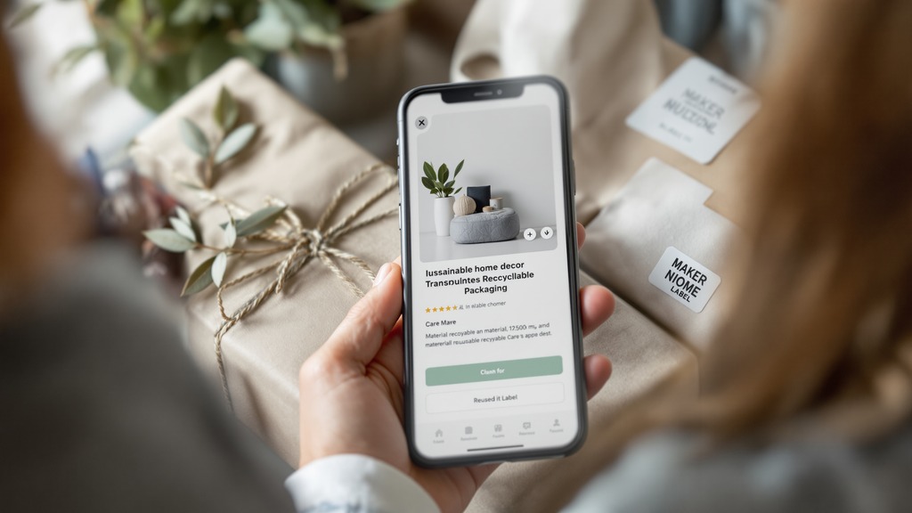 Sustainable home décor packaged in minimal recyclable materials beside a phone showing product sourcing and care information.