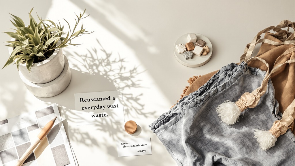 Reclaimed-material home décor displayed beside labeled material samples and a reuse story card.