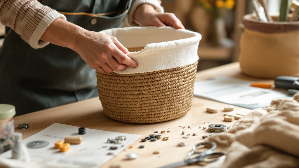 Craftsperson repairing a reclaimed-material basket beside tools, spare hardware, and care instructions.